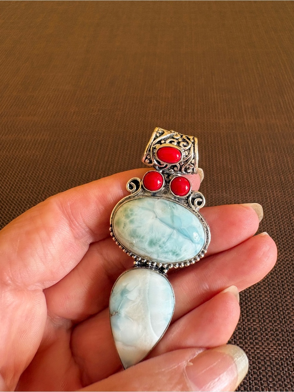 New! 925 Sterling Silver Overlay Larimar & Red Coral Multi Gemstone Pendant - Picture 11 of 15